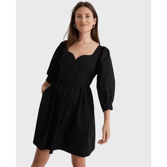 Madewell Black Poplin Puff-Sleeve Sweetheart Neckline Mini Dress size 4 - Picture 3 of 16